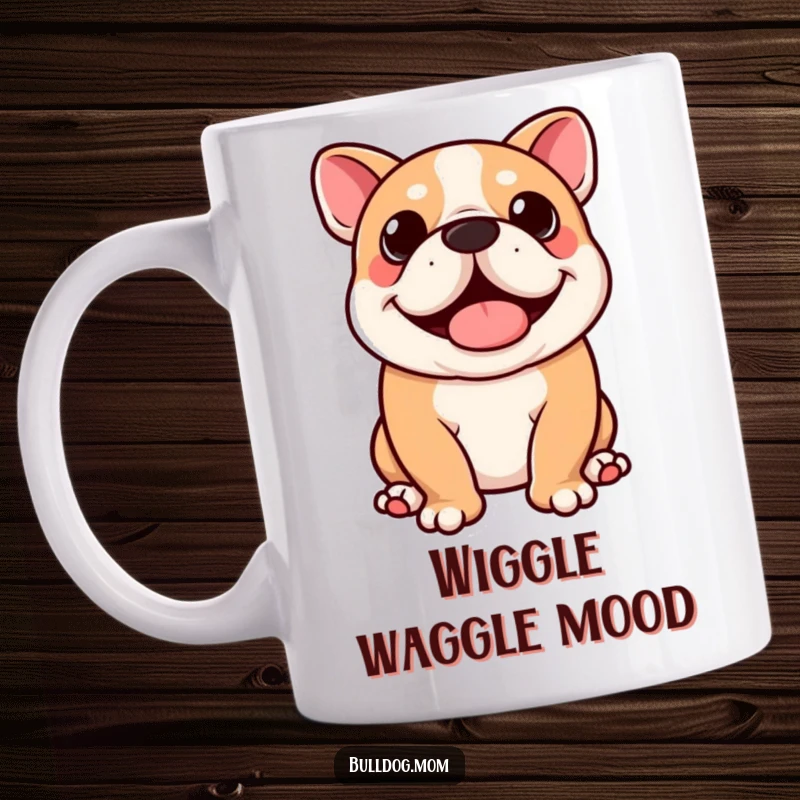 Funny Kawaii Bulldog Mug: Cute dog doing a happy full-body wiggle, perfect gift for dog moms and happy people.