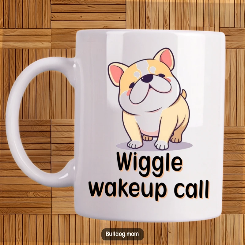 Funny Kawaii Bulldog doing a low, happy wiggle with its stubby legs, incredibly cute and humorous design.