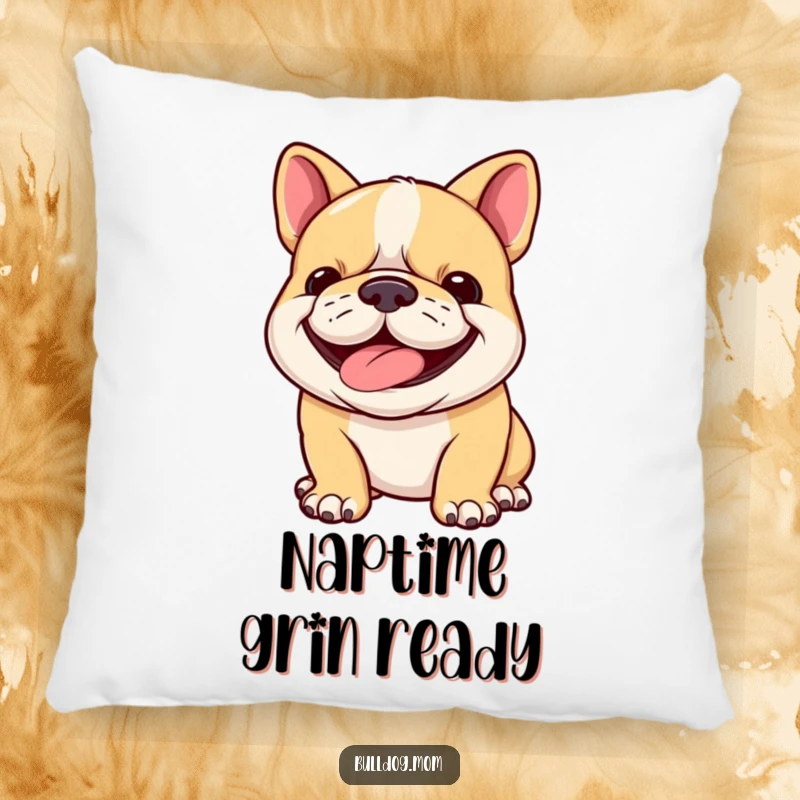 Funny bulldog cub pillow featuring a lovable puppy panting with a wide, determined grin, bringing warmth and humor to any room.
