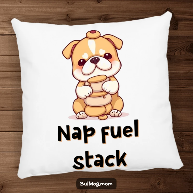 Funny bulldog cub pillow showing a charming puppy focused on keeping its stack of treats perfectly balanced, a delightful addition to any room.