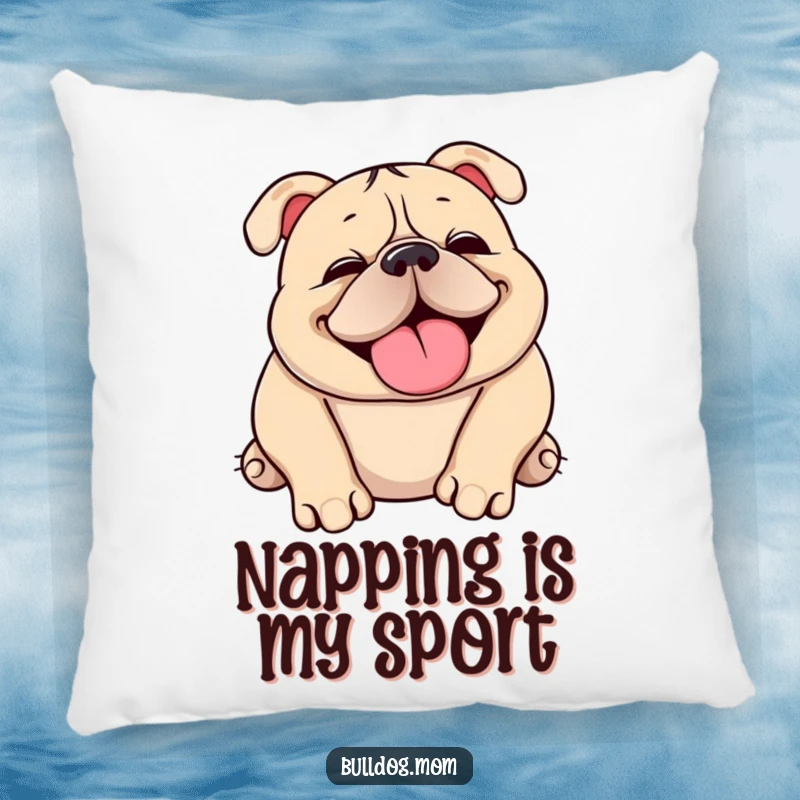 Funny Kawaii bulldog pillow with a cute, squishy dog happily snorting and rolling over, offering comfort and humor.