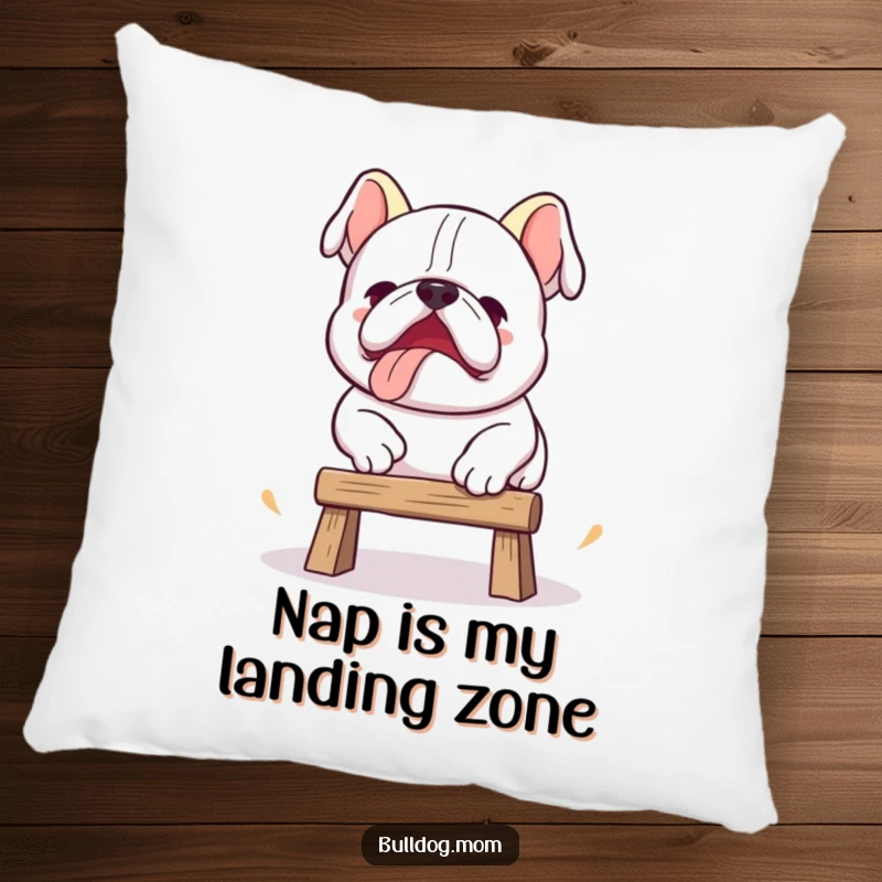 Funny Kawaii bulldog pillow with a cute dog attempting a clumsy jump, offering comfort and a humorous touch.