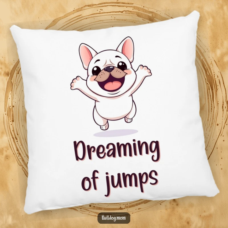 Funny Kawaii Bulldog Pillow showcasing a cute bulldog in a happy, energetic mid-jump pose, perfect for lounging.