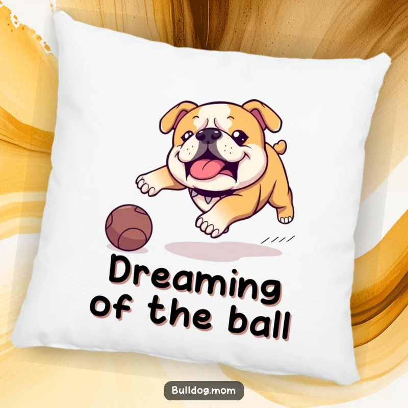 Funny Kawaii Bulldog pillow, soft and huggable, depicting a dog in a comical waddle chasing a rolling ball, a funny and comforting addition.