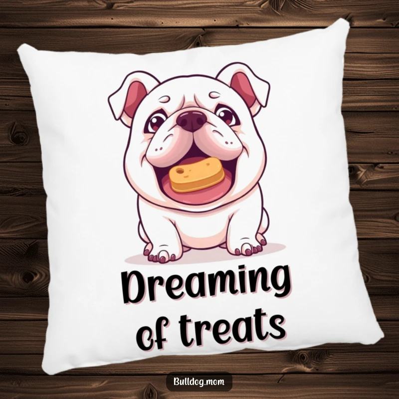 Funny Kawaii Bulldog pillow with a mischievous gleam, attempting to balance a treat on its nose, offering comfort and clever humor.