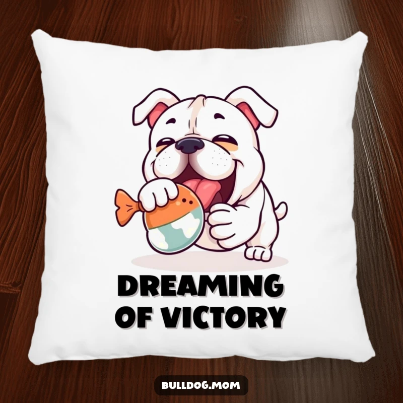 Funny Kawaii Bulldog Pillow: A cute bulldog enthusiastically wrestling a squeaky toy, perfect for adding comfort and humor to any room.