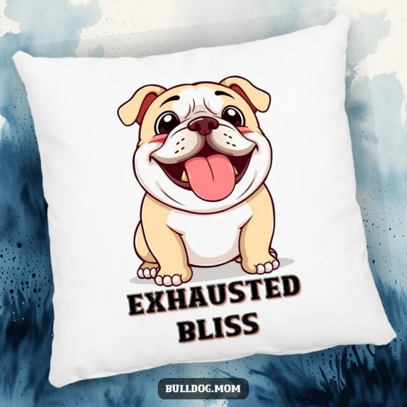 Funny pillow featuring a bulldog panting with a floppy tongue, perfect for adding a touch of humorous joy.