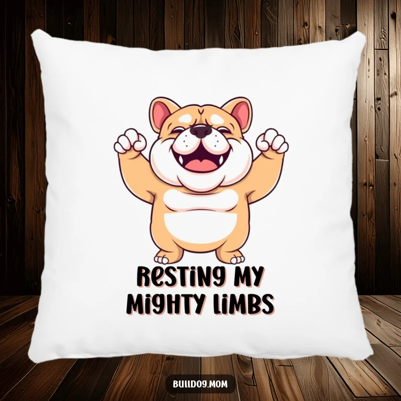 Funny Bulldog flex pillow showcasing a sturdy, smiling Bulldog enthusiastically flexing its arms, perfect for lounging and laughing.