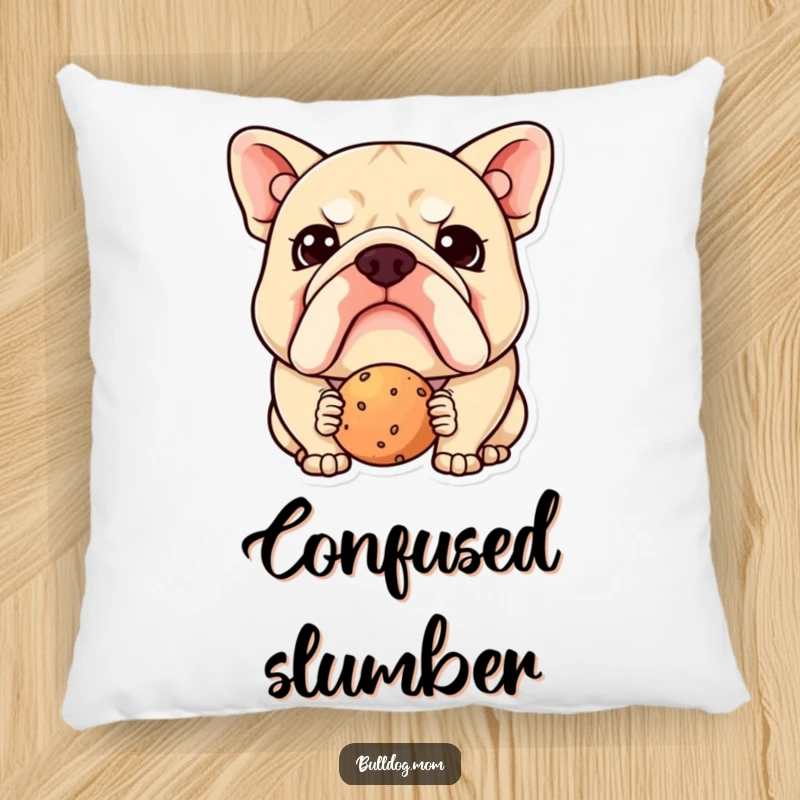 Funny Kawaii Bulldog Pillow: Plush cushion with a cute dog looking confusedly at a treat, ideal funny home decor gift.