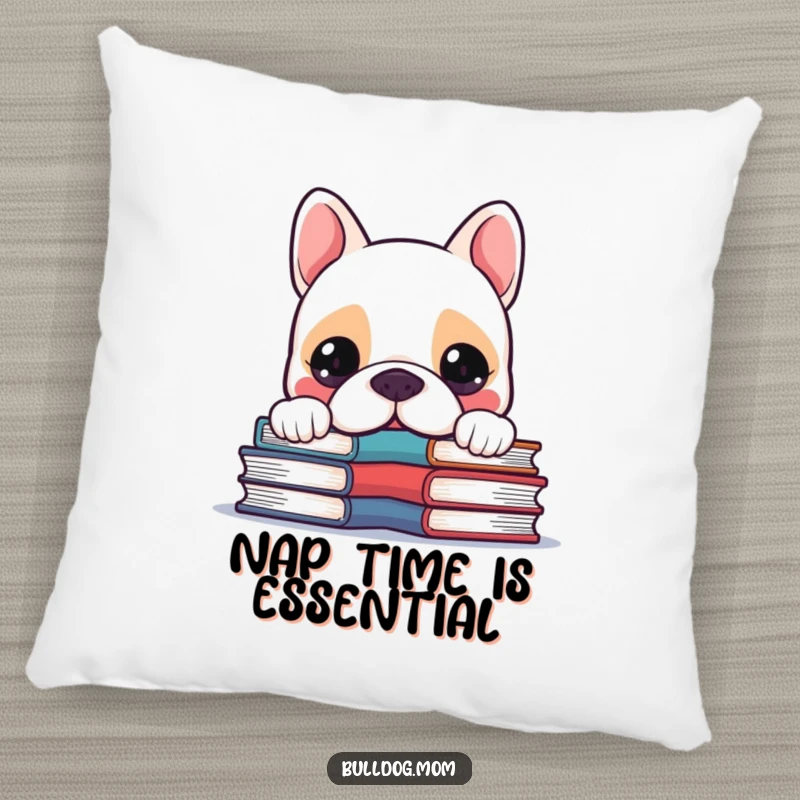 Funny Kawaii Bulldog peeking over a pile of books with a curious expression, a soft, humorous pillow.