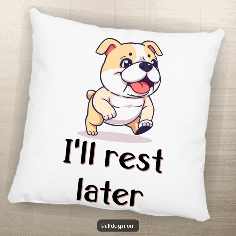 Funny kawaii Bulldog pillow showcasing a determined, energetic stride, ideal for cozy humor and a funny gift. Soft and amusing decor item.