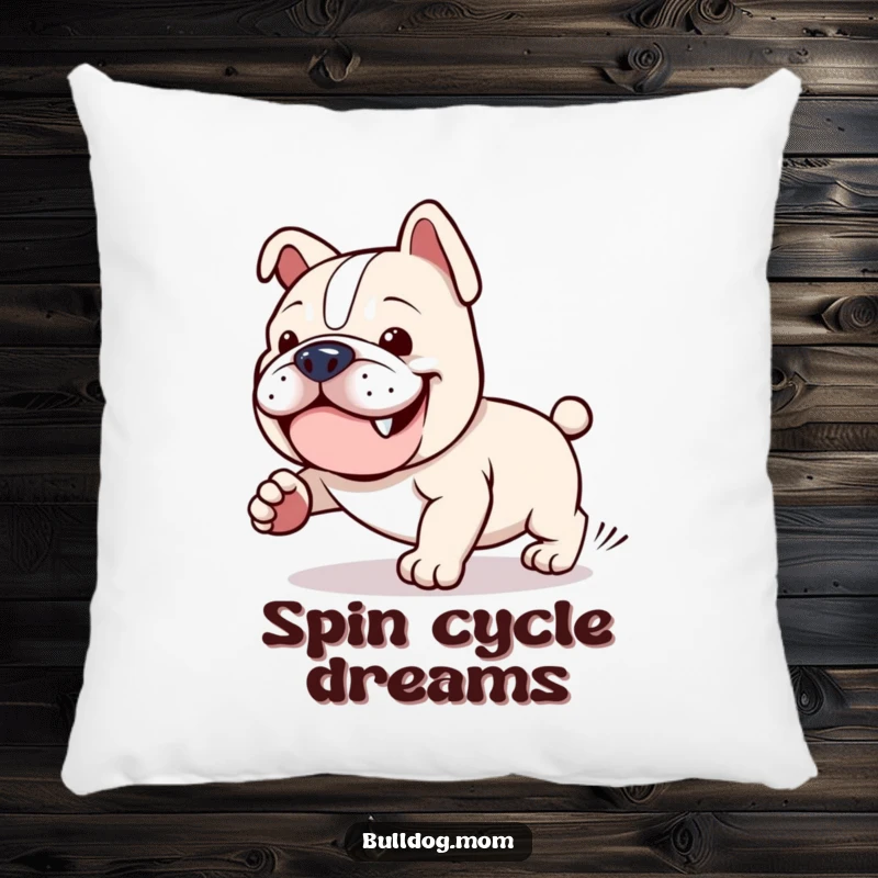 Funny Kawaii Bulldog Pillow: A cute bulldog comically chasing its tail, perfect for adding comfort and a playful touch.