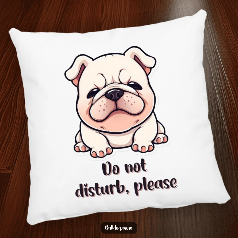 Funny Kawaii Bulldog pillow featuring a happy bulldog flopped down with a satisfied sigh, offering cozy comfort and humorous charm.