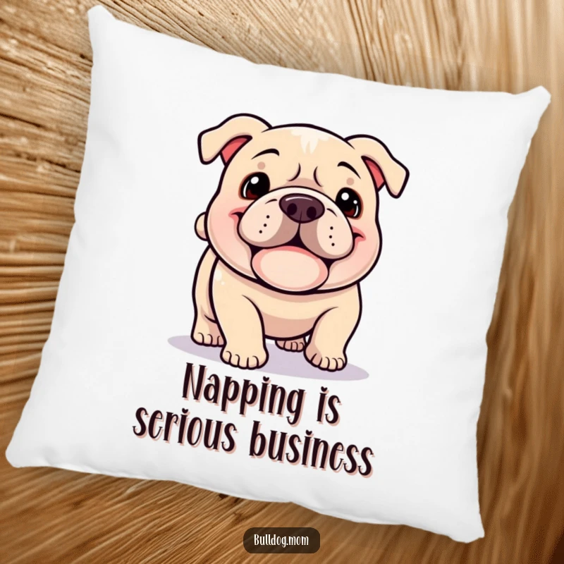 Funny Kawaii Bulldog pillow, a happy dog with a jowly grin happily plodding with a wagging tail, perfect for comfort.