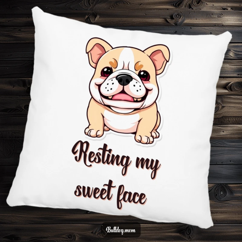 Funny Kawaii Bulldog pillow featuring a dog with a playful snarl that appears as a happy smile, offering cozy and humorous decor.