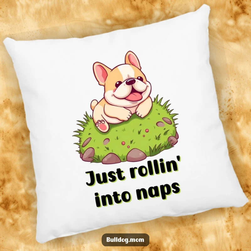 Funny Kawaii Bulldog Pillow: A soft cushion featuring a happy cartoon bulldog rolling gleefully down a green slope, radiating joy and comfort.