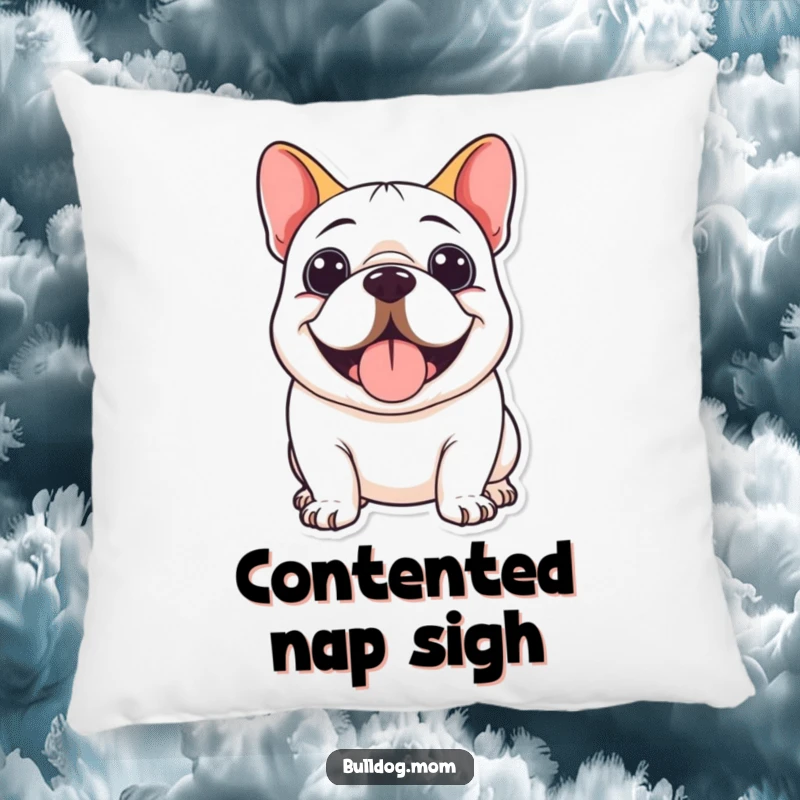 Funny Kawaii Bulldog Pillow showing a cute bulldog's happy panting face and a radiating smile.