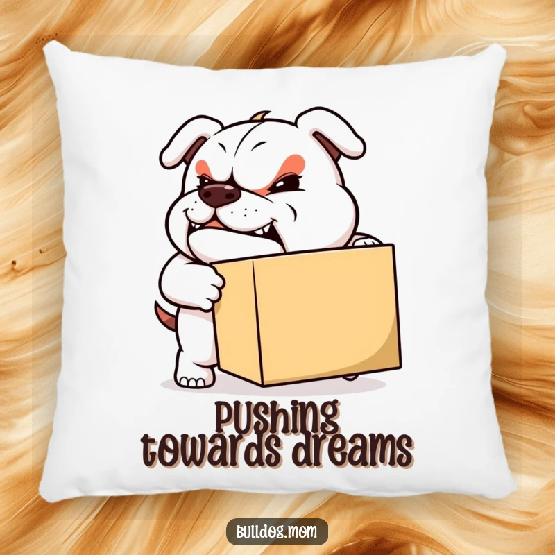 Funny Moving Bulldog Pillow: A soft cushion featuring a determined bulldog pushing a box, offering comfort and a smile.