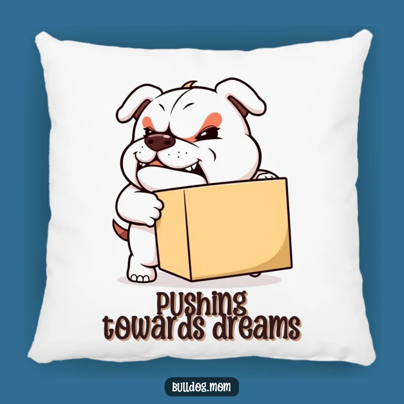 Funny Moving Bulldog Pillow: Soft pillow with a determined pup pushing a box, a cozy and funny gift.