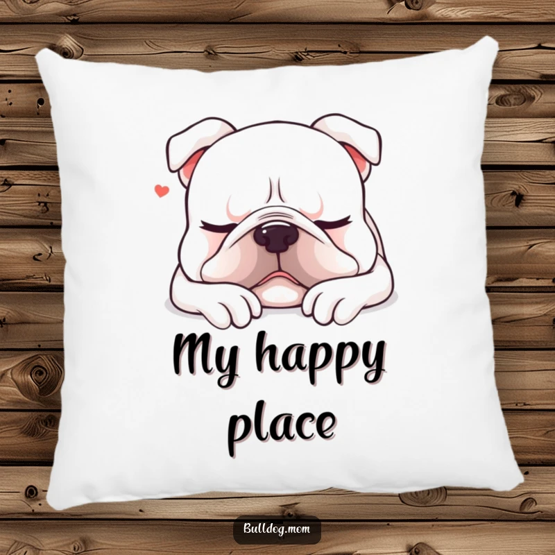 Funny Kawaii bulldog pillow showing a content dog sighing as it settles down for a nap, perfect for cozying up.
