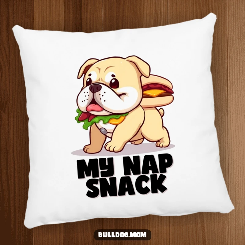 Funny pillow featuring a happy bulldog waddling with a large sandwich, offering comfort and a culinary chuckle.