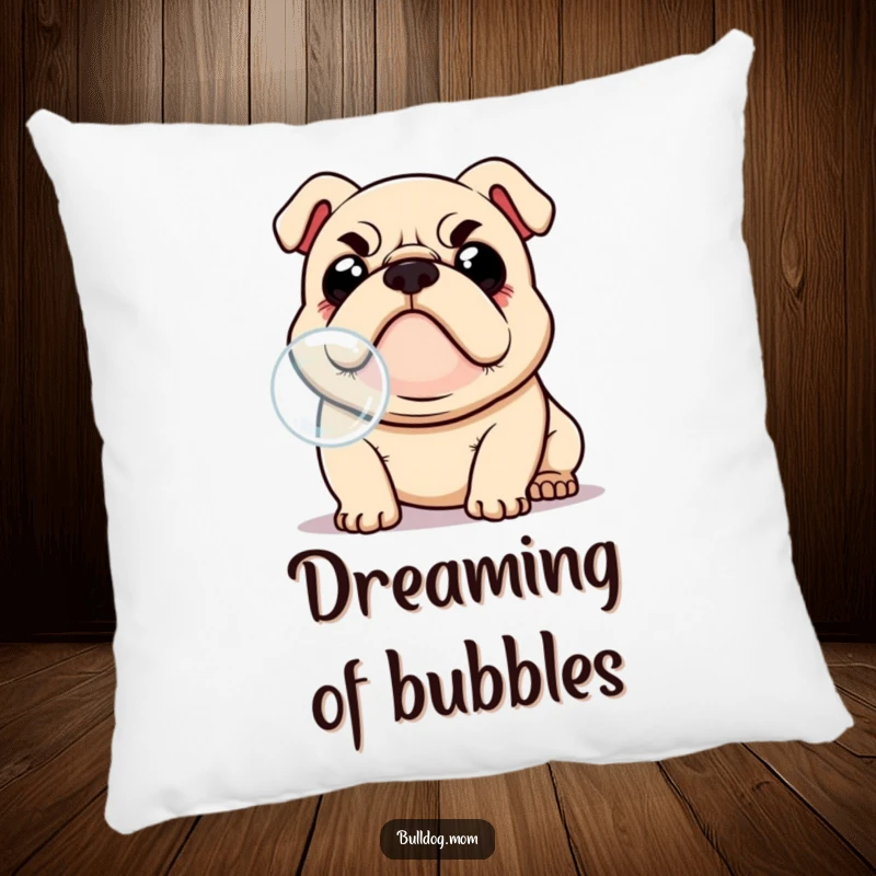 Funny Kawaii Bulldog pillow, soft texture, with a cute, focused expression, playfully attempting to capture a soap bubble, embodying innocent humor.