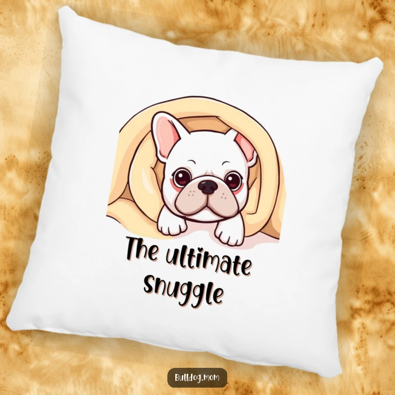 Funny Kawaii Bulldog Pillow showing a cute bulldog peeking from under a blanket, perfect for relaxation.