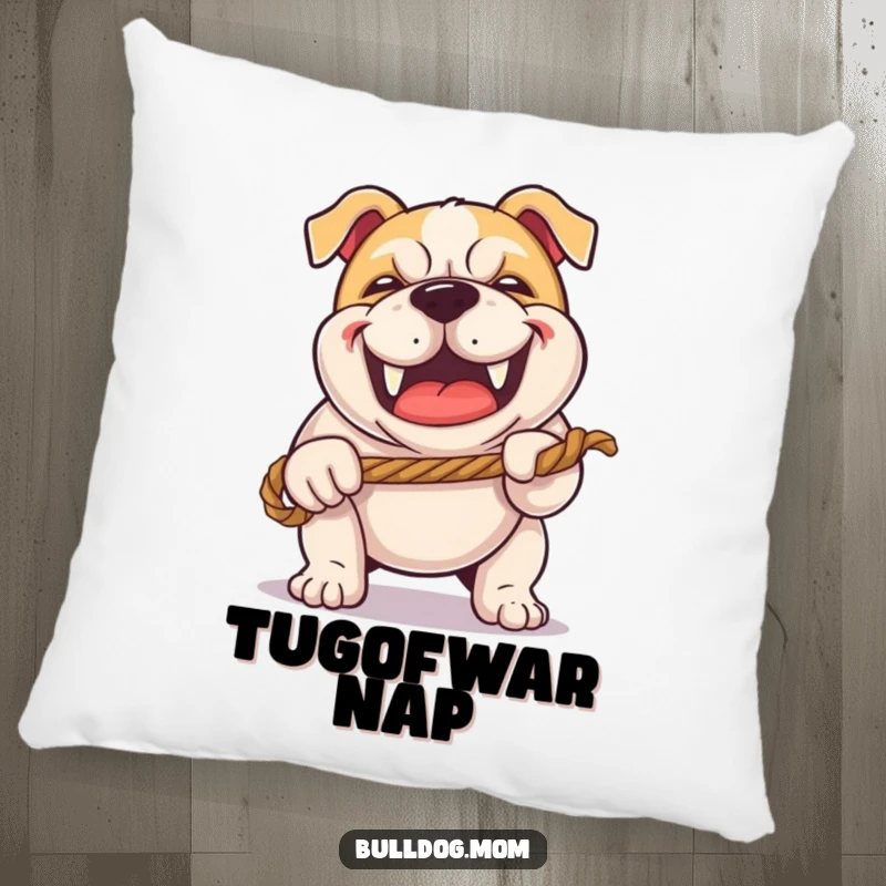 Funny Kawaii Bulldog pillow with a happy grunt, playing tug-of-war with a rope, offering comfort and playful humor.