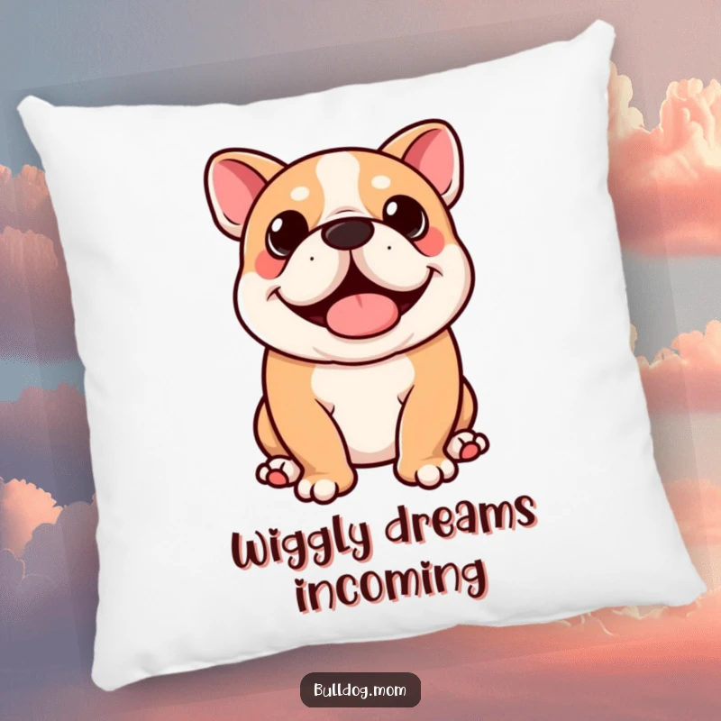 Funny Kawaii Bulldog Pillow: Plush cushion with a cute dog doing a happy wiggle, ideal funny home decor gift.