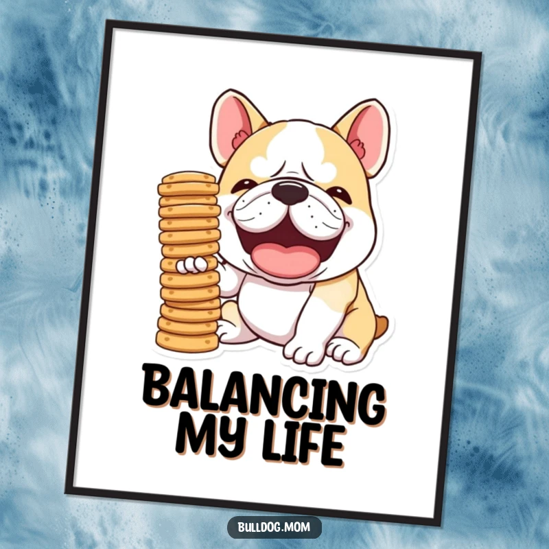 Funny Kawaii Bulldog digital art print, high resolution, depicting a dog laughing hysterically while balancing a stack of biscuits, perfect for humorous decor.