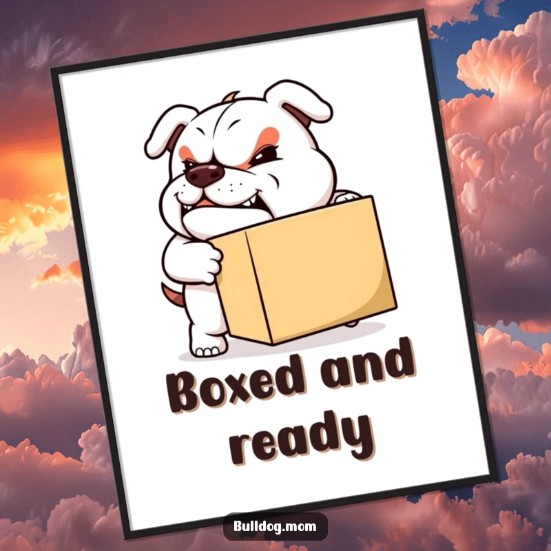 Funny Moving Bulldog Digital Art: A high-quality illustration of a determined bulldog pushing a box, symbolizing strength and progress.