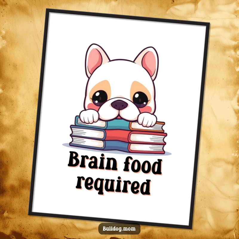 Funny Kawaii Bulldog peeking inquisitively over a pile of books, vibrant digital art print.