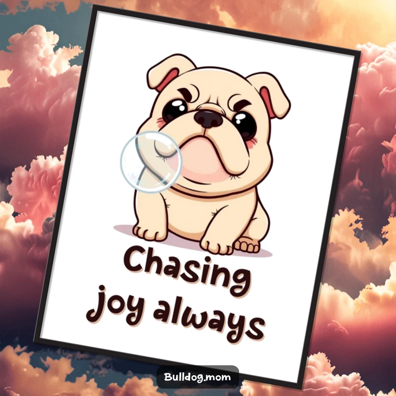 Funny Kawaii Bulldog digital art print, high resolution, depicting a dog's comical effort to catch a bubble, perfect for humorous wall decor.