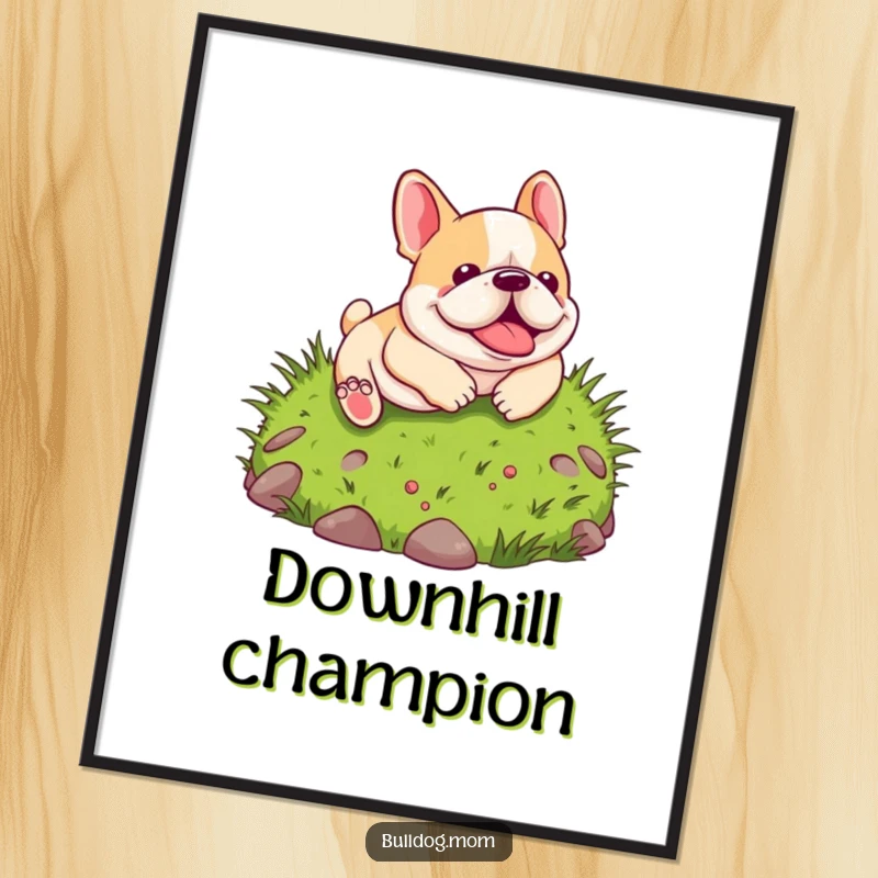 Funny Kawaii Bulldog Digital Art: A high-quality illustration of a cute bulldog joyfully rolling down a grassy hill, perfect for vibrant decor.