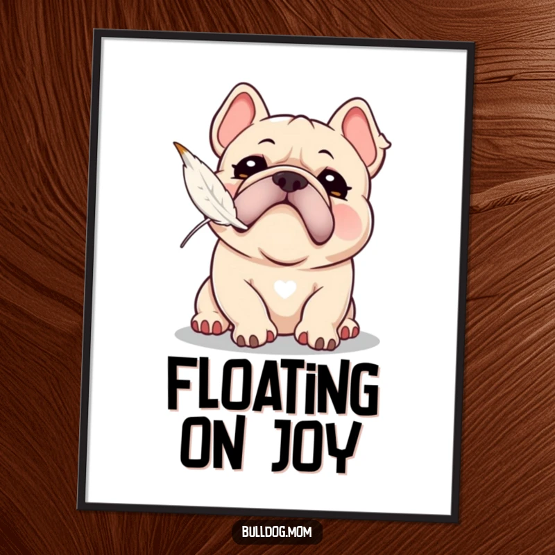 Funny Kawaii Bulldog digital art print with a playful snort, attempting to catch a floating feather, perfect for energetic and humorous decor.