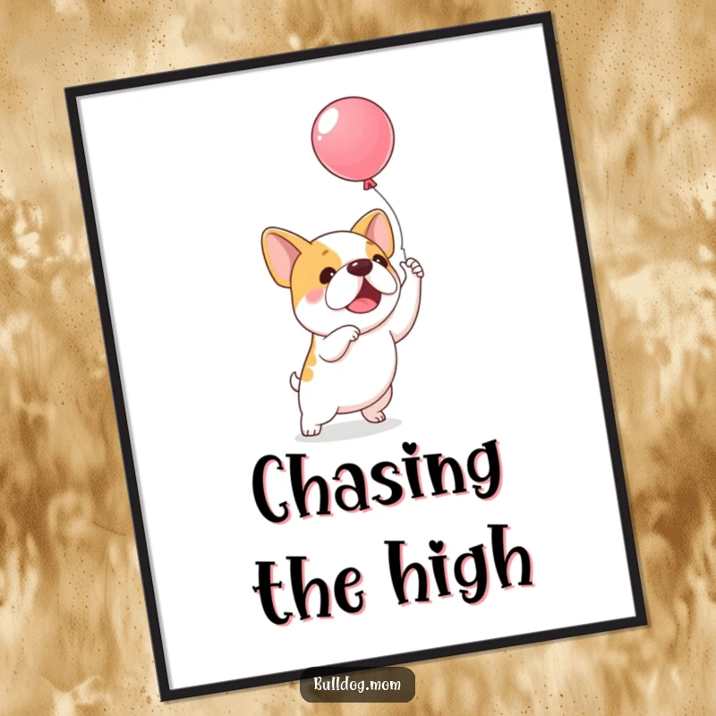 Funny Balloon Bulldog Digital Art: A high-quality illustration of an excited kawaii bulldog joyfully chasing a floating balloon.