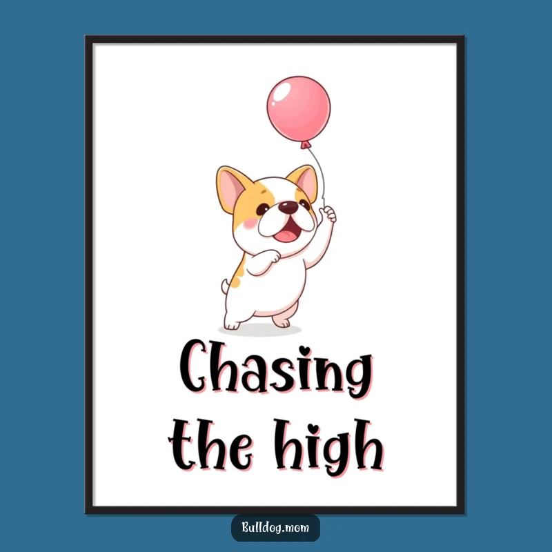 Funny Balloon Bulldog Digital Art: High-res print of excited pup chasing a balloon, instant funny gift.