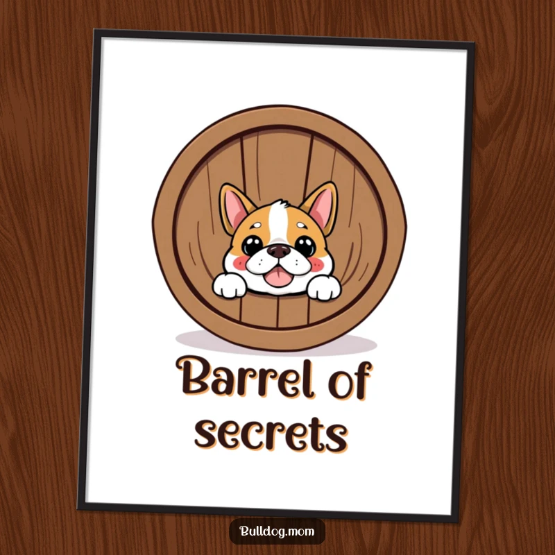 Funny Bulldog digital art print of a happy dog peeking from behind a barrel. Ideal for instant decor and a funny gift.