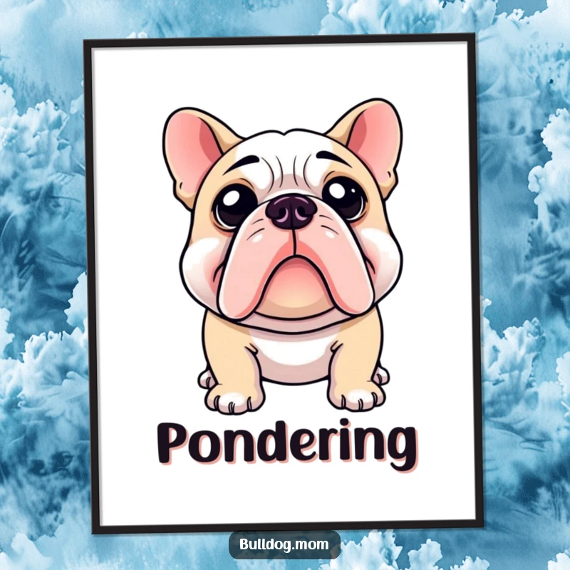 Funny digital art print of a bulldog with a curious head tilt, exuding humor and a sense of wonder.