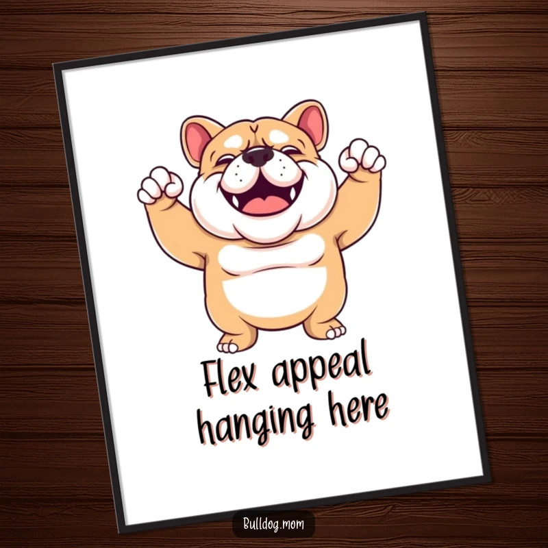 Funny Bulldog flex digital art print of a sturdy, smiling Bulldog enthusiastically flexing its arms, embodying strength and playful humor.