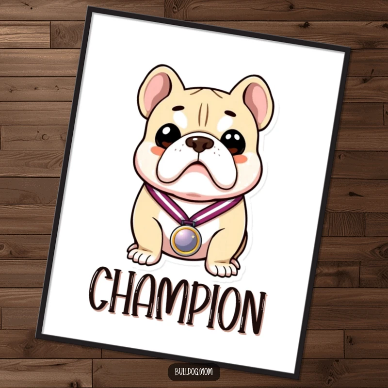 Funny digital art print of a proud bulldog holding a medal, capturing a humorous and triumphant moment for wall decor.