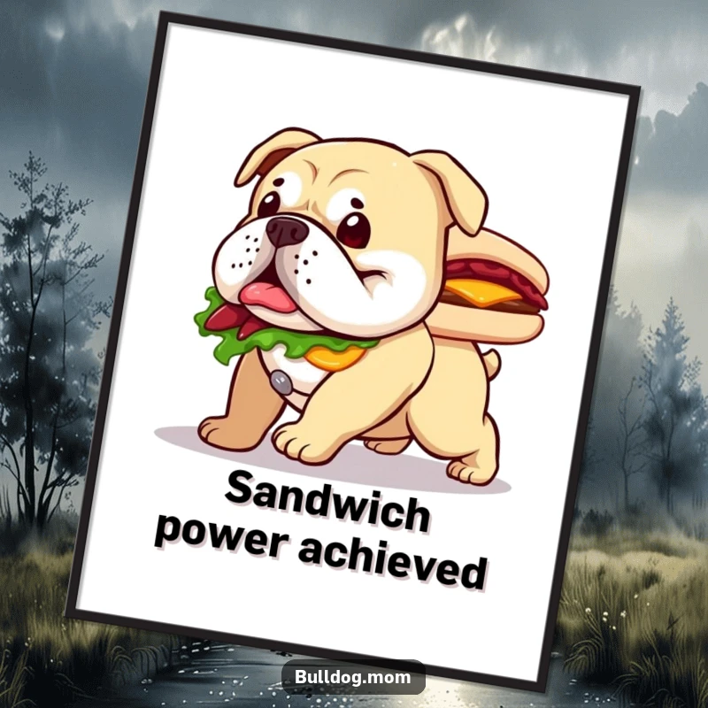 Funny digital art print of a happy bulldog waddling with a large sandwich, perfect for culinary-themed decor.