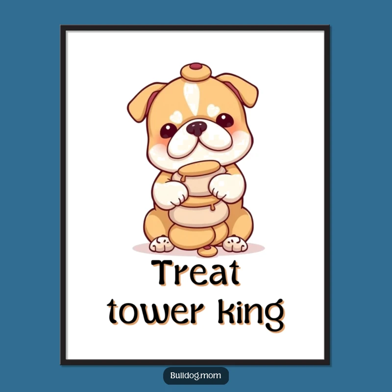 Funny Bulldog Treat Tower Print - Adorable Cub Balancing Delights, Digital Art Gift!