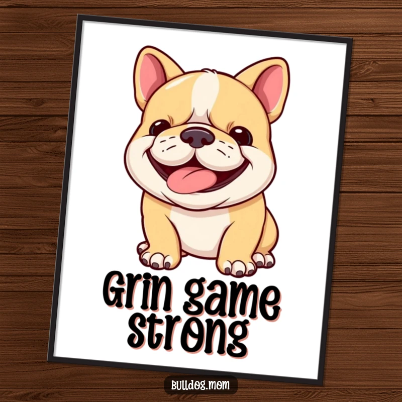 Funny bulldog cub digital art print of a happy puppy panting with a determined grin, radiating pure joy and playful energy for instant download.