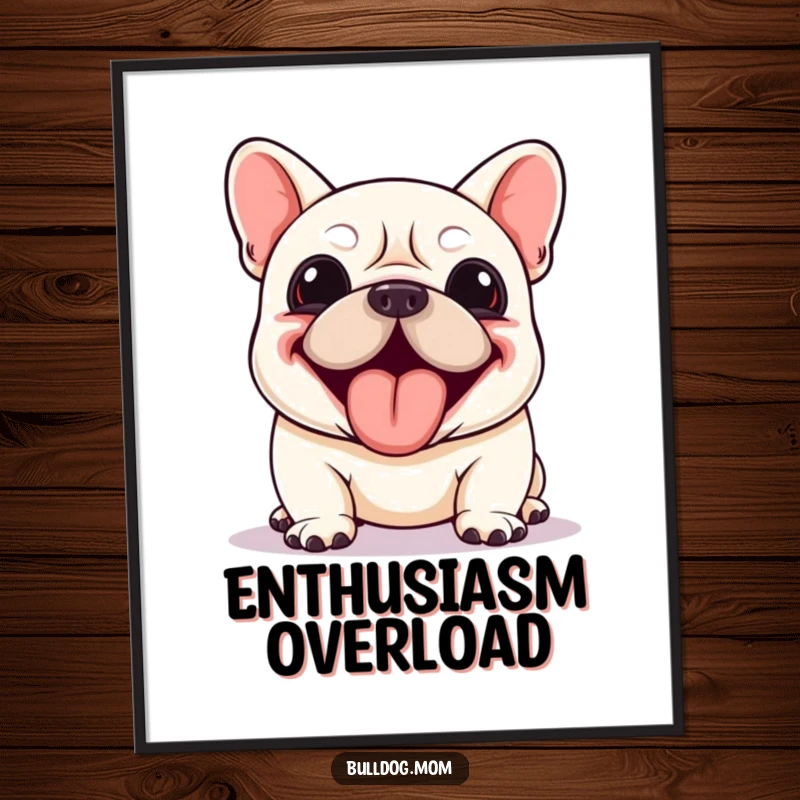 Funny Kawaii Bulldog digital art print of a dog panting enthusiastically with its tongue lolling out, radiating pure joy and energy.