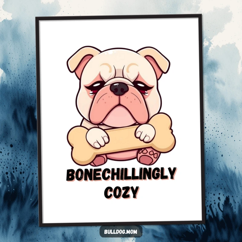 Funny Kawaii Bulldog digital art print with droopy eyes, blissfully cuddling a plush bone, adding cute and humorous vibes instantly.