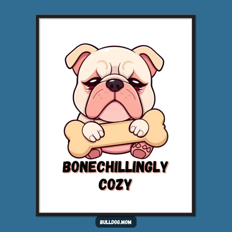 Funny Kawaii Bulldog Droopy Eyes Digital Art - Cute Puppy Cuddling Bone Print
