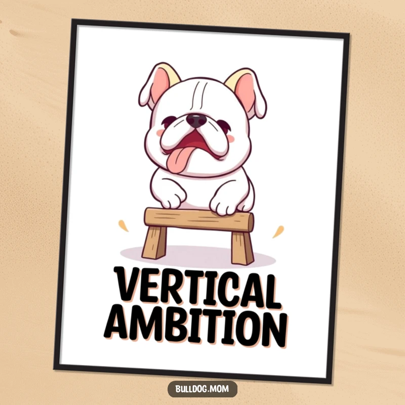 Funny Kawaii bulldog digital art print of a cute pup attempting a clumsy jump, delivering instant humor and motivation.