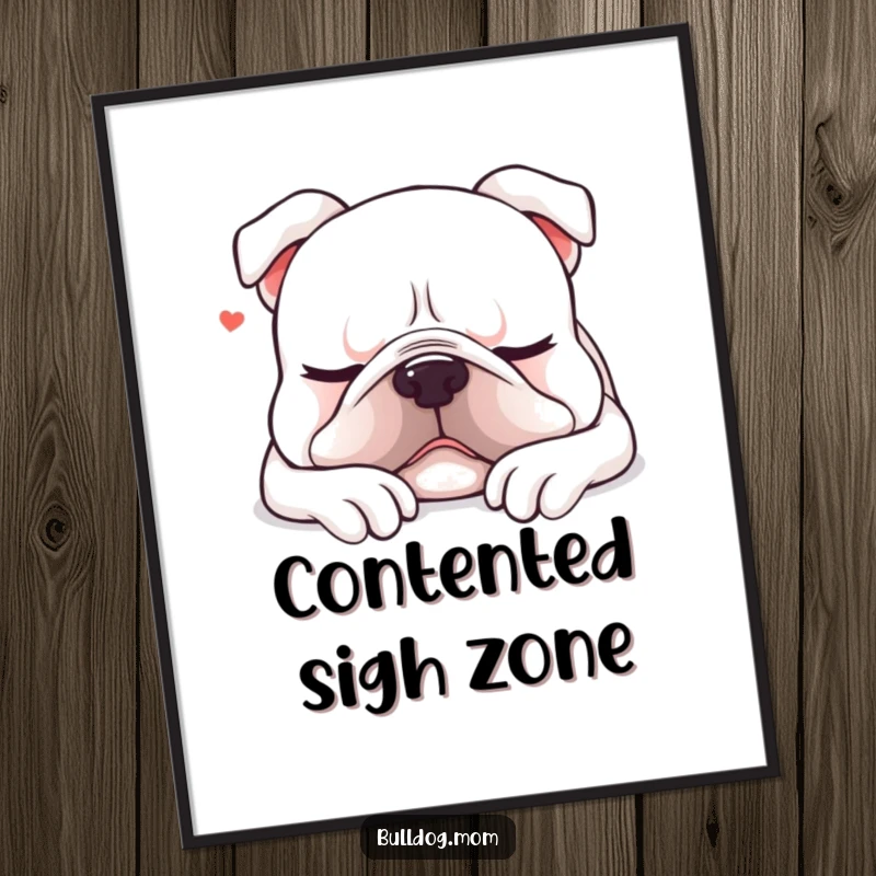 Funny Kawaii bulldog digital art print depicting a content dog sighing as it settles down for a nap, embodying pure relaxation.