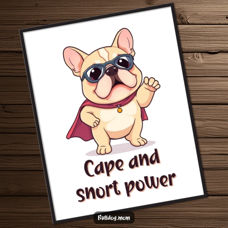 Funny Kawaii Bulldog digital art print wearing a tiny superhero cape, striking a funny pose, perfect for heroic and humorous decor.